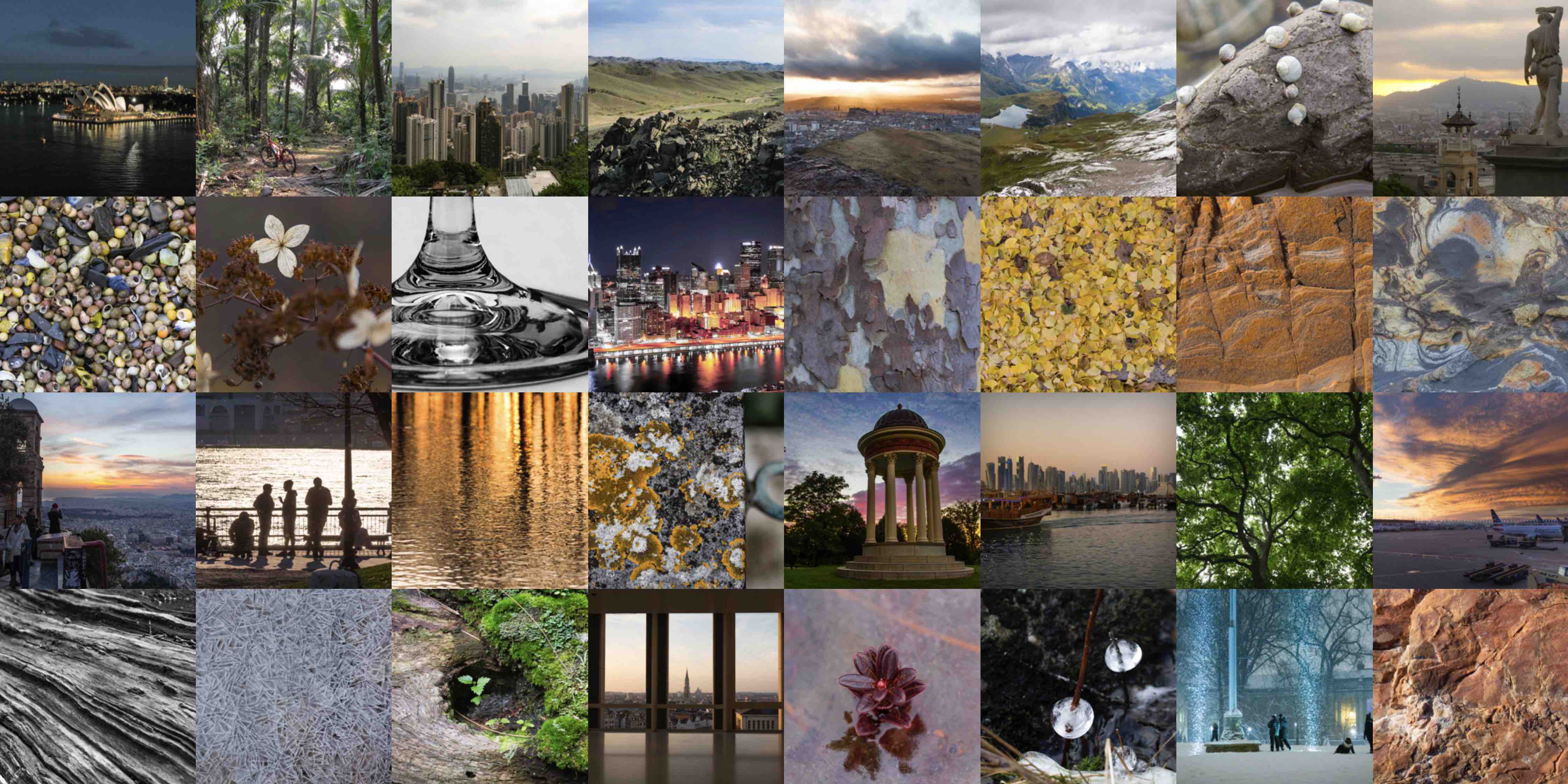collage of photographs of cities, nature, texture, buildings, people, and other subjects