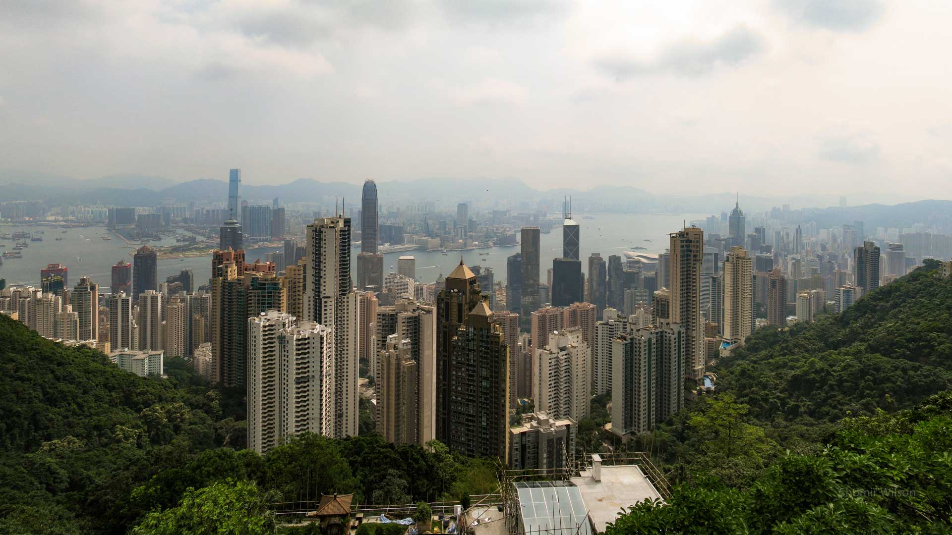 Tall buildings and haze from a nearby hilltop