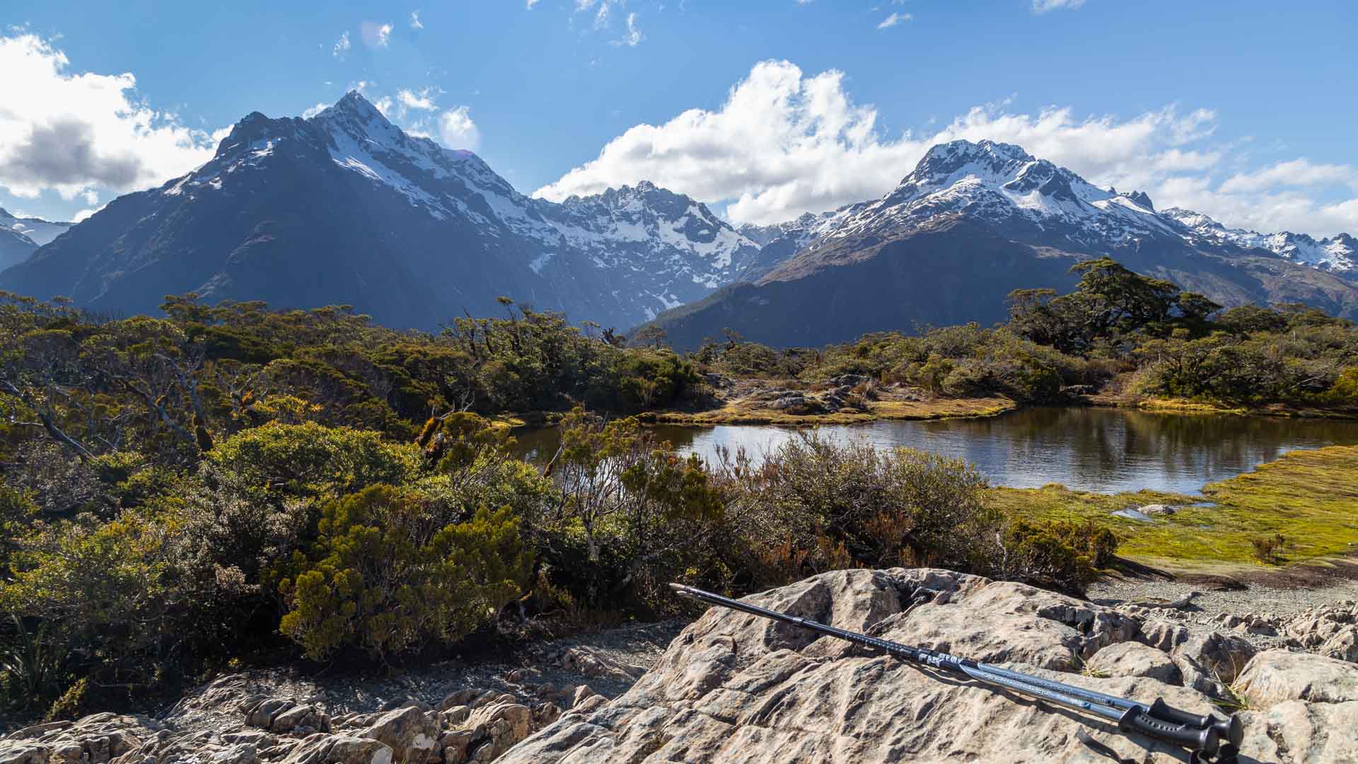 in the foreground, trekking poles on rocky ground, with scrub bushes and a small pond; in the distance, snow-capped mountains