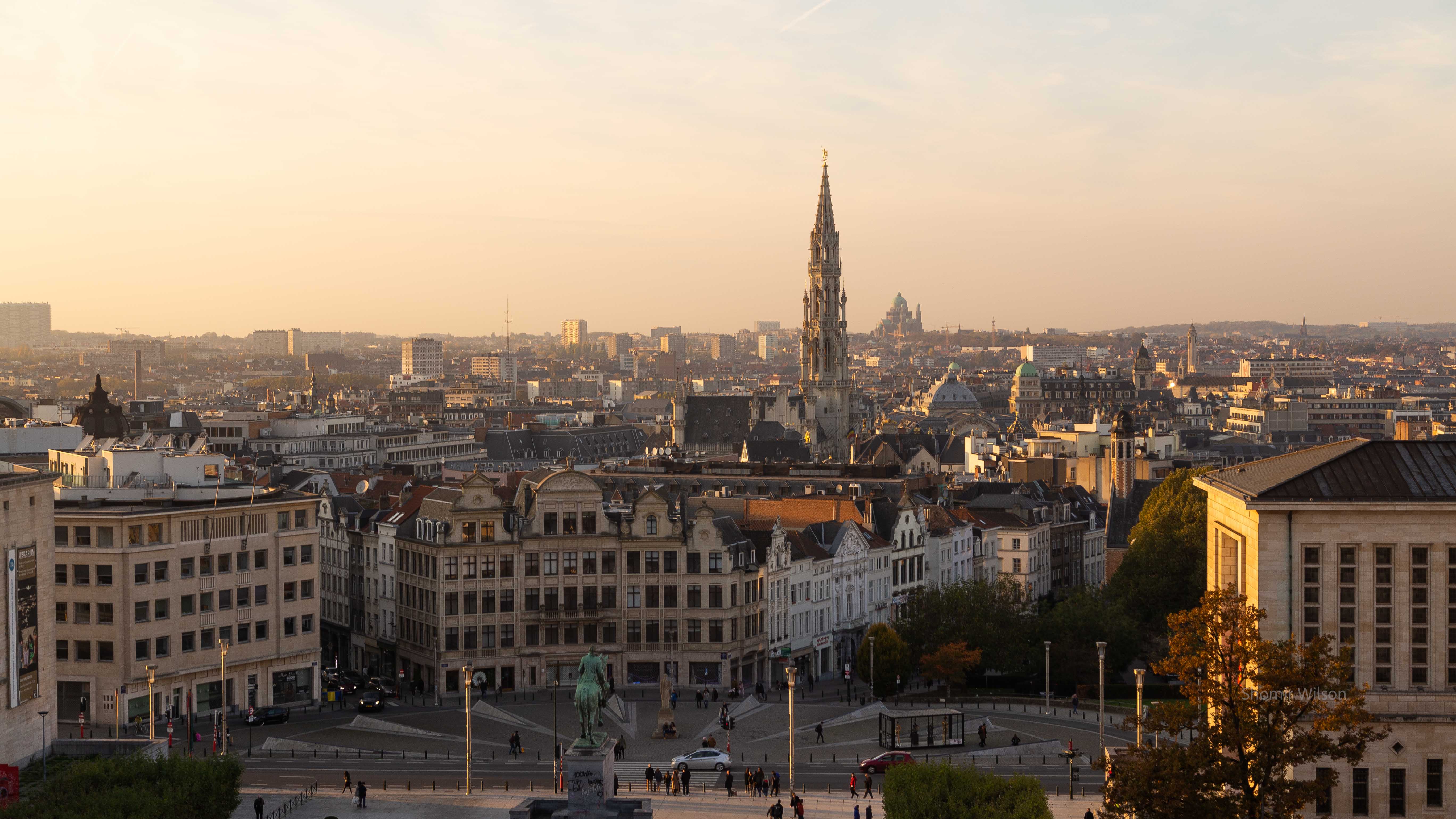 Central Brussels in evening hour from a high-rise window