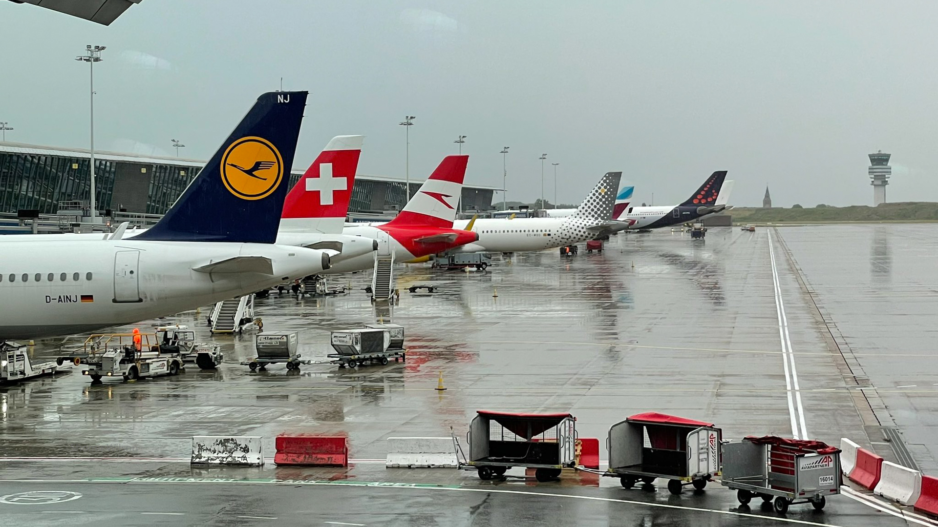 tails of jetliners representing many different airlines at an airport